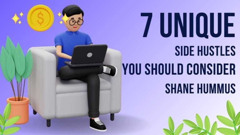 poster with text saying "7 unique side hustles you should consider" and a man holding a laptop