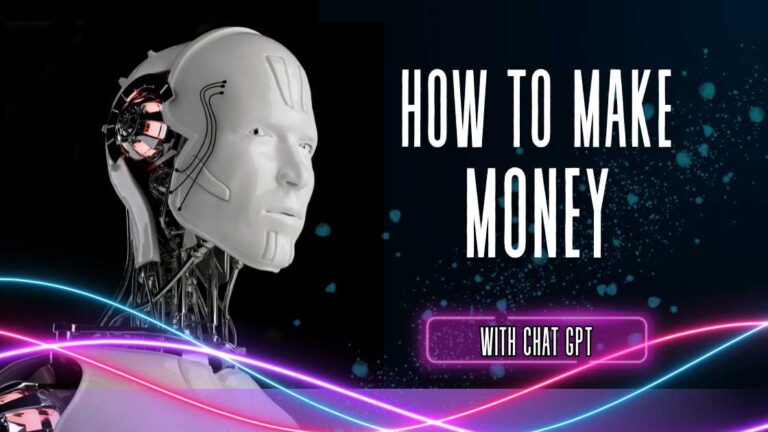 poster with an ai robot looking at the words how to make money with chat gpt