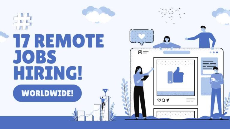 graphic with people and social media icons and text saying "17 remote jobs hiring worldwide"