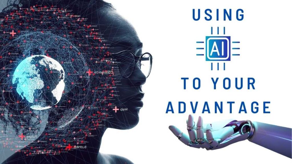 poster with a woman, a glove, and text saying "using AI to your advantage"